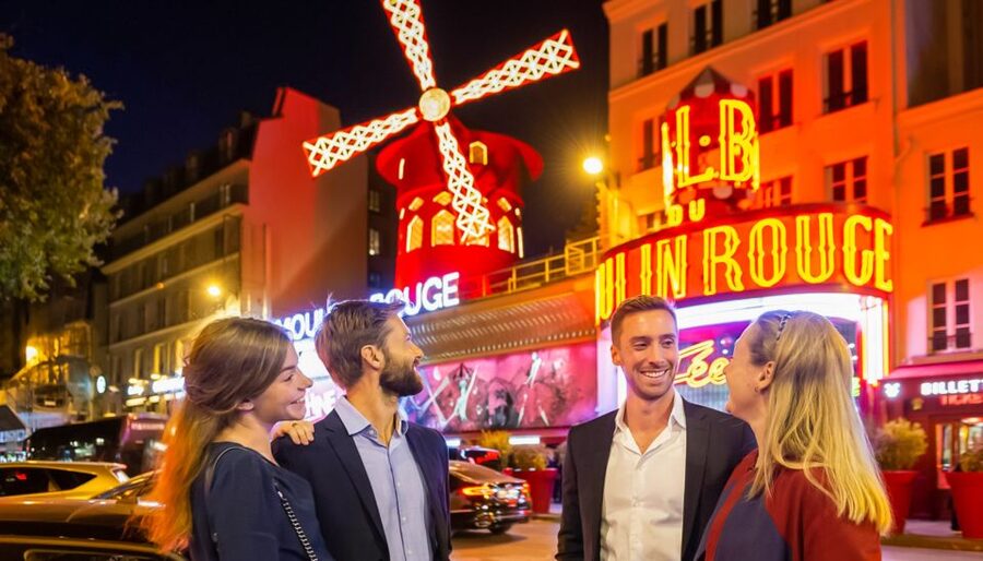 Paris: Evening Sightseeing Tour and Moulin Rouge Show - Paris after dark, seen from an enclosed coach